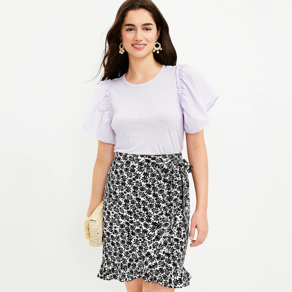 LOFT Floral Black and White Wrap Skirt Small